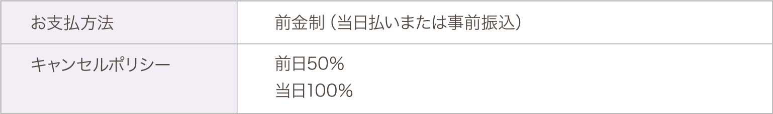 お支払い方法は前金制です（当日払いまたは事前振込）キャンセルポリシー：前日50％、当日100％